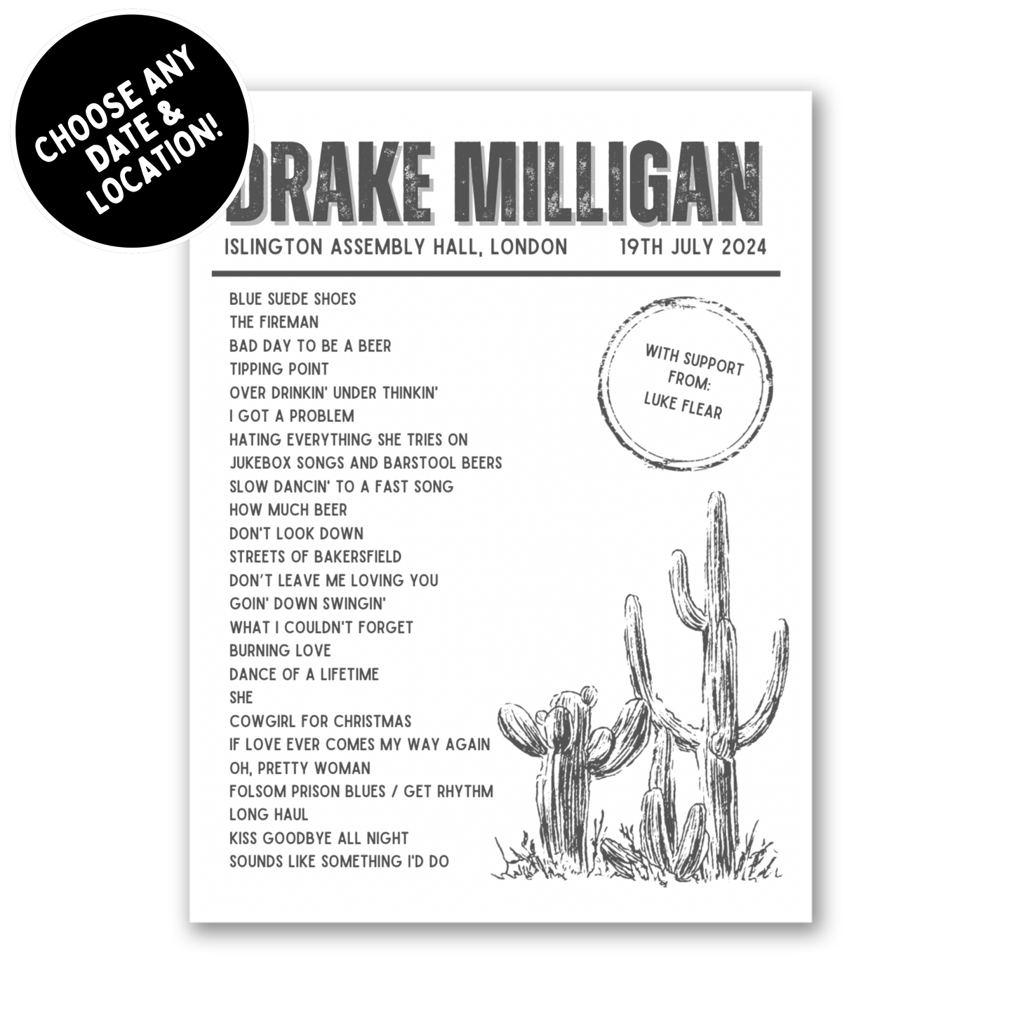 Drake Milligan Setlist Print