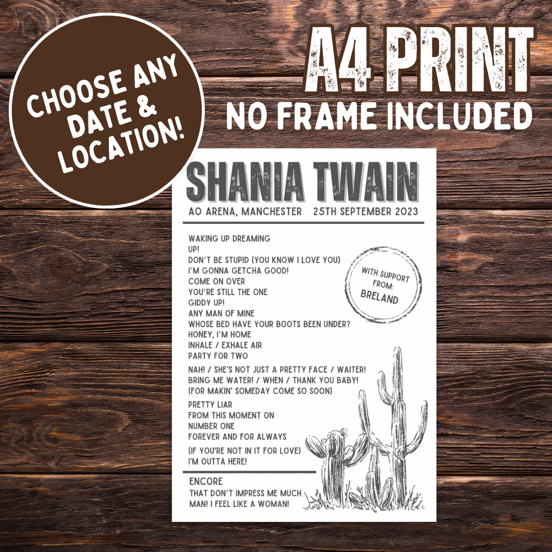 Shania Twain Setlist - A4 print (no frame)