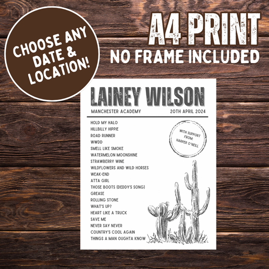 Lainey Wilson Setlist - A4 Print (no frame)