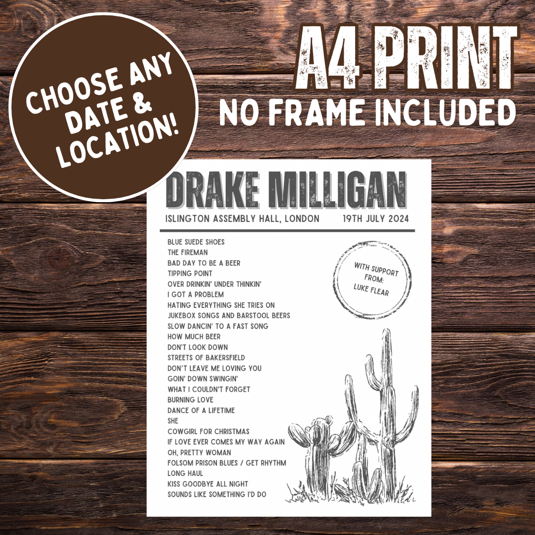 Drake Milligan Setlist - A4 Print (no frame)